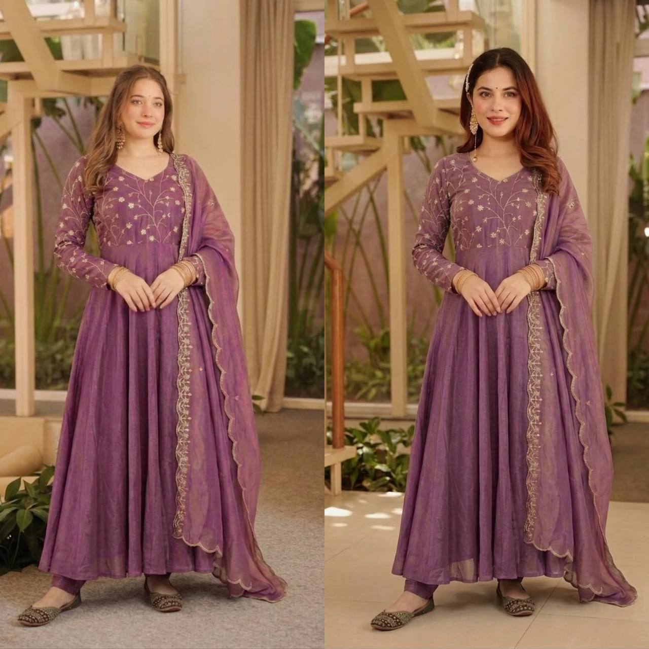 Ethereal Lavender Flared Anarkali Suit Set Featuring Delicate Floral Bodice Embroidery and a Scalloped Dupatta
